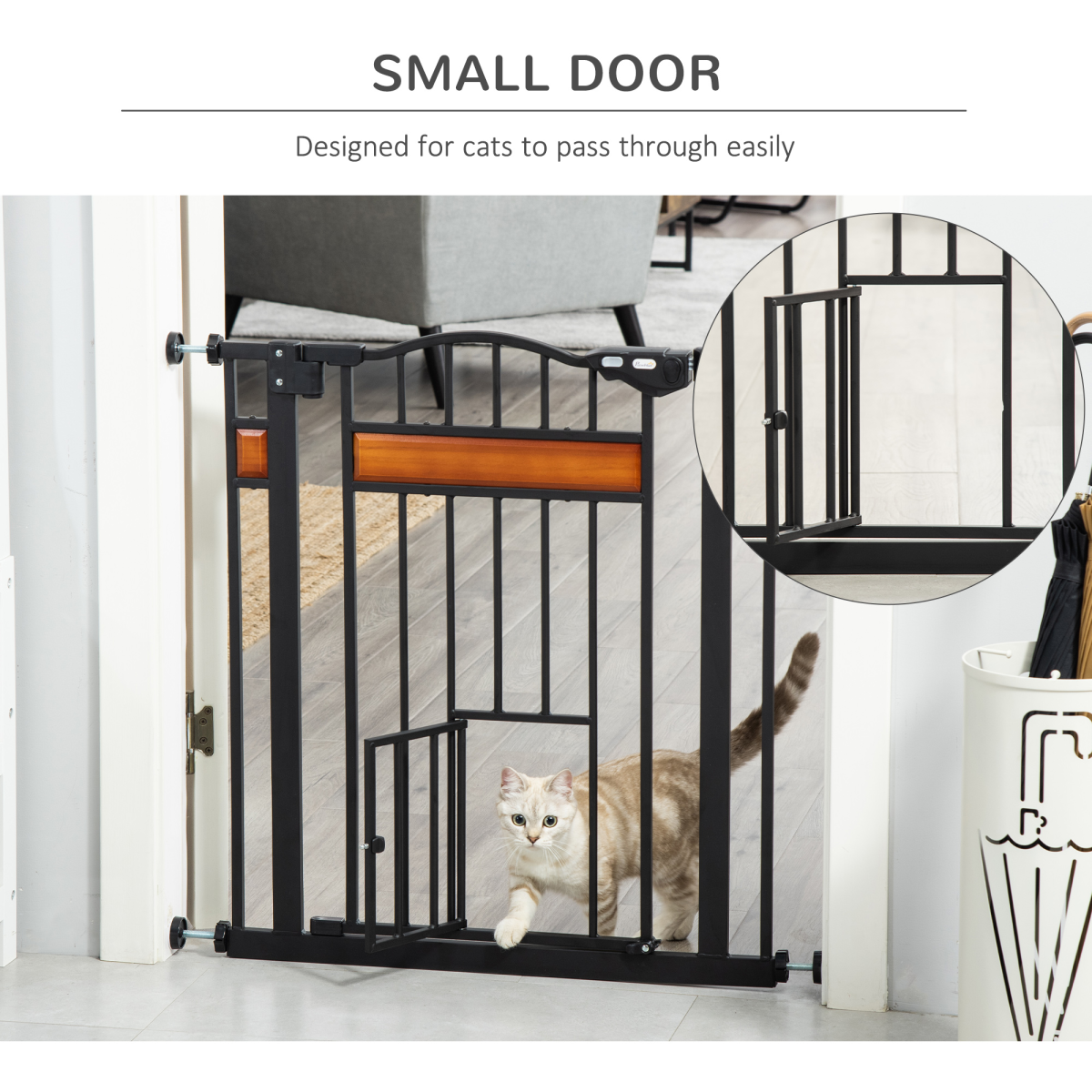 PawHut Auto-Close Dog Gate with Cat Door, 74–80cm Wide – Steel Pet Safety Gate for Stairs, Pine Decor