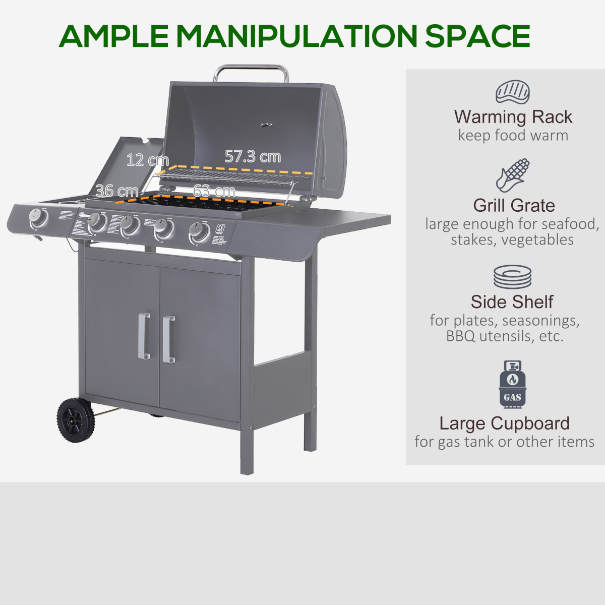 Outsunny 5-Burner Gas BBQ Grill with Stainless Steel Burners, Side Burner & Side Table – Outdoor Cooking, Grey