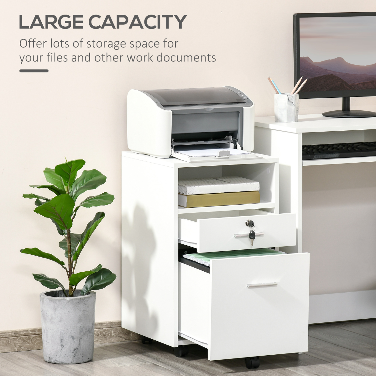 Vinsetto Mobile File Cabinet with Lockable Drawer, 5 Wheels & Open Shelf – Home Office Storage, White