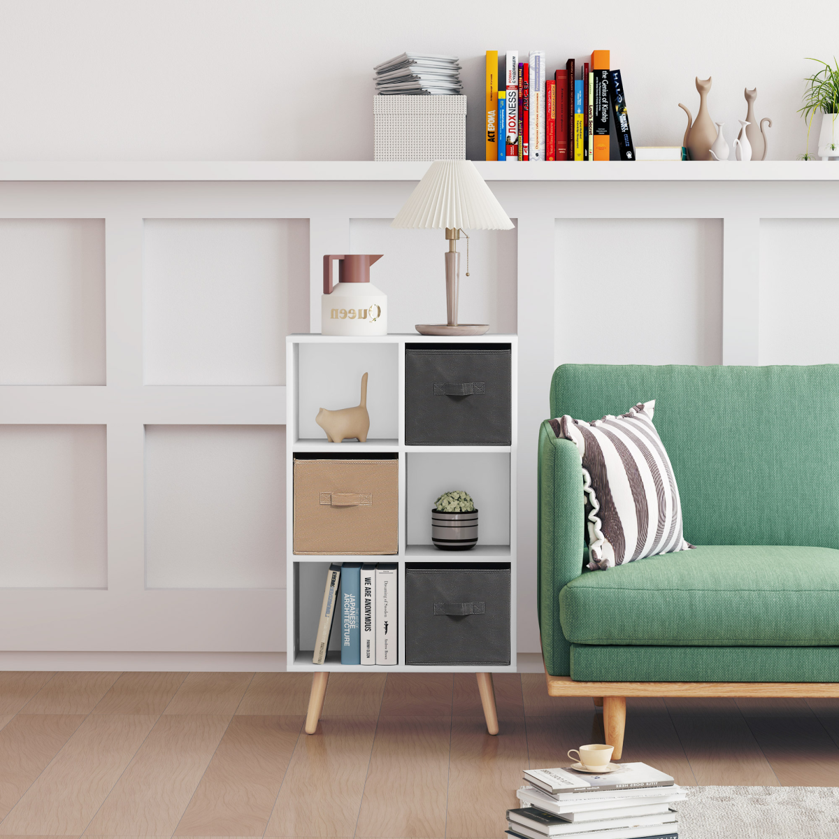 HOMCOM Freestanding 6 Cube Storage Bookcase with 3 Fabric Drawers – Bedroom, Dining Room, Office, White
