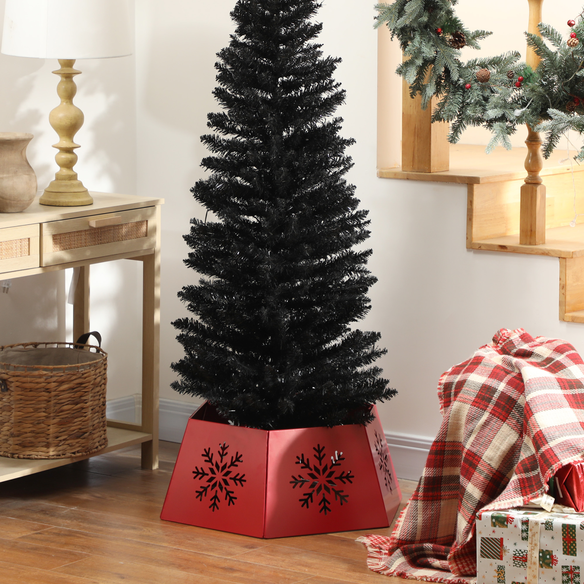 HOMCOM Hexagon Christmas Tree Base Cover with Hollow Snowflake Patterns – Festive Tree Stand Skirt, Red