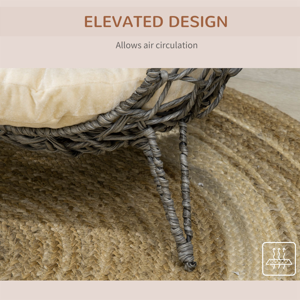 PawHut Elevated Rattan Cat House with Cushion – Kitten Basket Pet Bed with Door, Silver-Tone and Grey