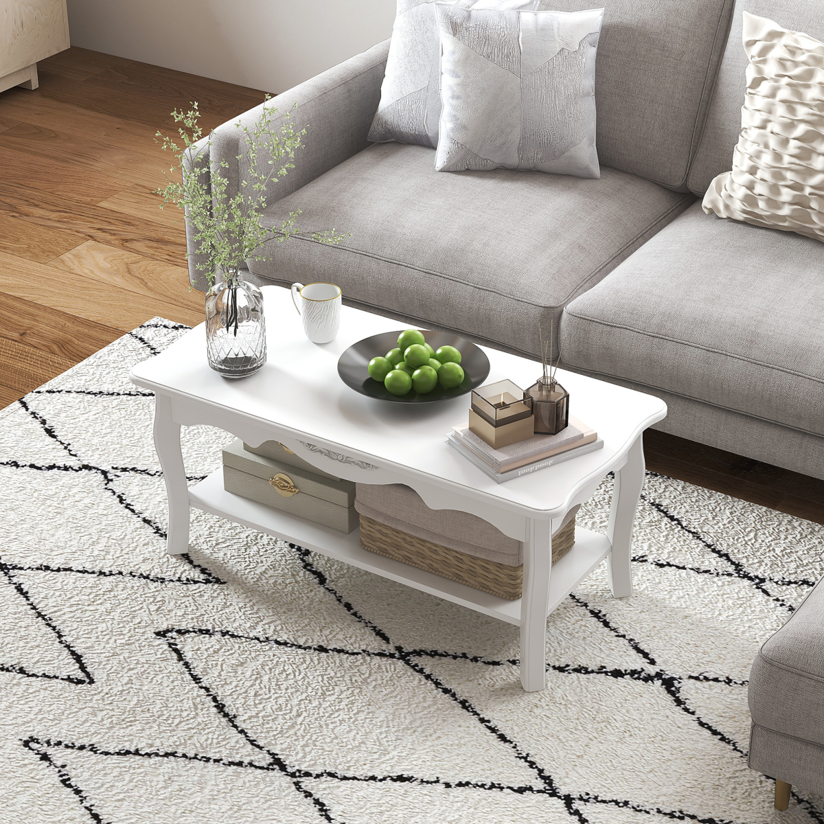 HOMCOM Modern Coffee Table with Magazine Shelf and Curved Legs – Lightweight Living Room Table, White