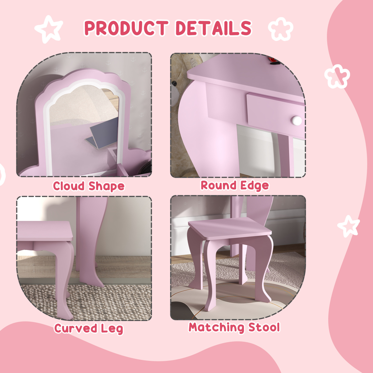 ZONEKIZ Kids Dressing Table with Cloud Design, Mirror, Stool, Drawer and Storage Boxes – Pink