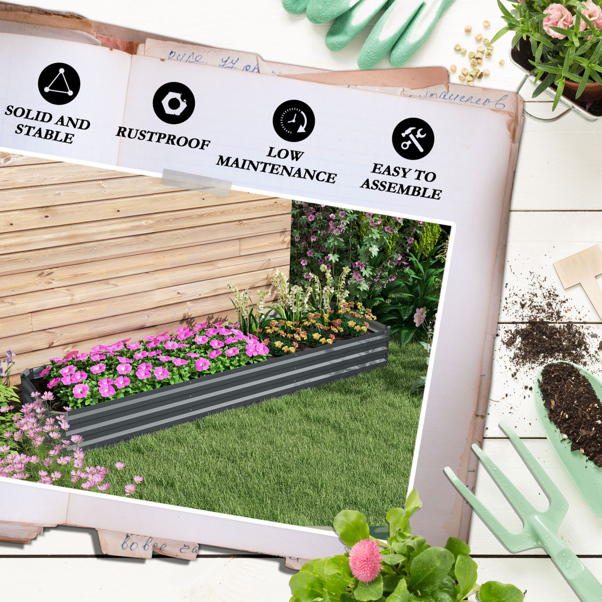 Outsunny Galvanised Steel Raised Garden Bed, 240cm Elevated Planter Box with Open Bottom, Grey
