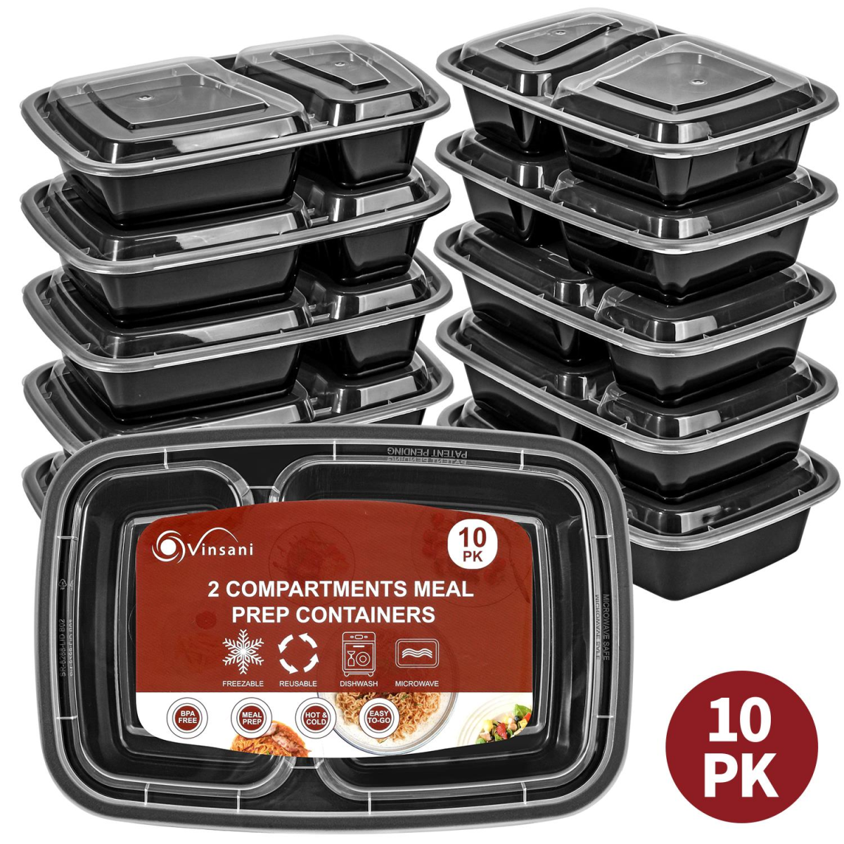 Vinsani 20 Pack Meal Prep Containers, 2 Compartments, 30oz with Airtight Lids – Microwave & Freezer Safe