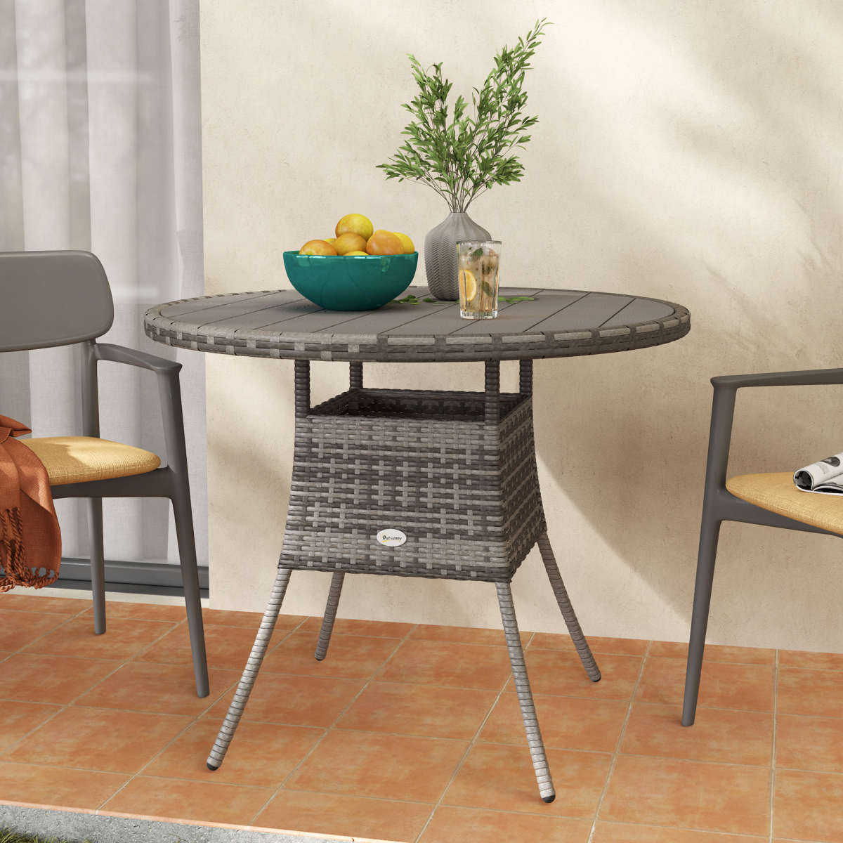 Outsunny Rattan Outdoor Dining Table for 4 with Wood-Plastic Composite Top – Patio Garden Furniture, Grey