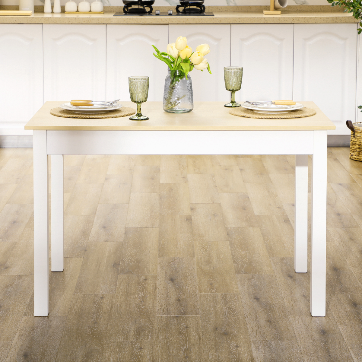 HOMCOM Dining Table for 4 to 6 People with Thick Legs and Non-Slip Feet – Kitchen Table, Oak Wood Grain