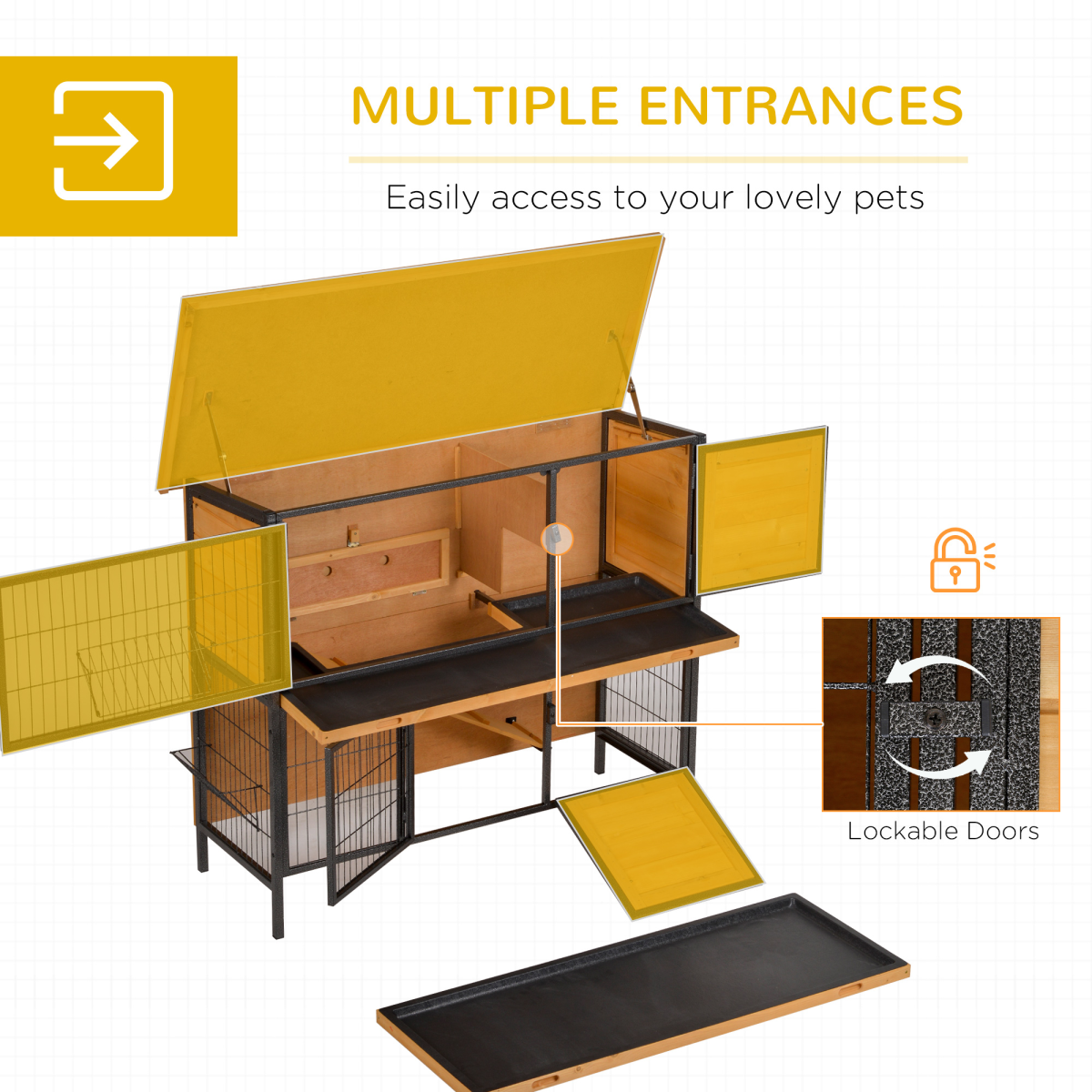 PawHut Wooden Rabbit Hutch with Metal Frame, Run & Slide-Out Tray – Outdoor Bunny House, Light Yellow