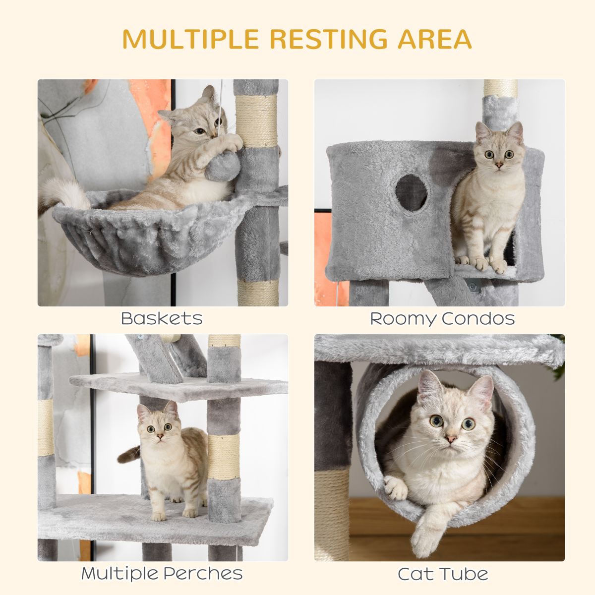 PawHut 240–260cm Floor-to-Ceiling Cat Tree with Scratching Posts, Houses & Hammocks – Cat Tower, Light Grey