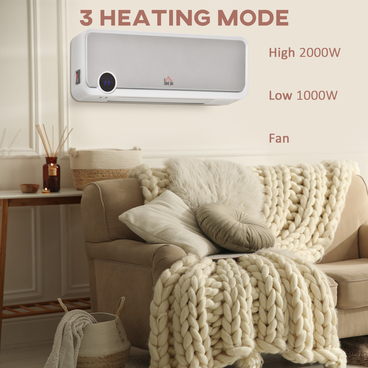 HOMCOM Wall Mounted Downflow Ceramic Heater with 12h Timer, Remote Control and 30° Oscillation – 1000W/2000W