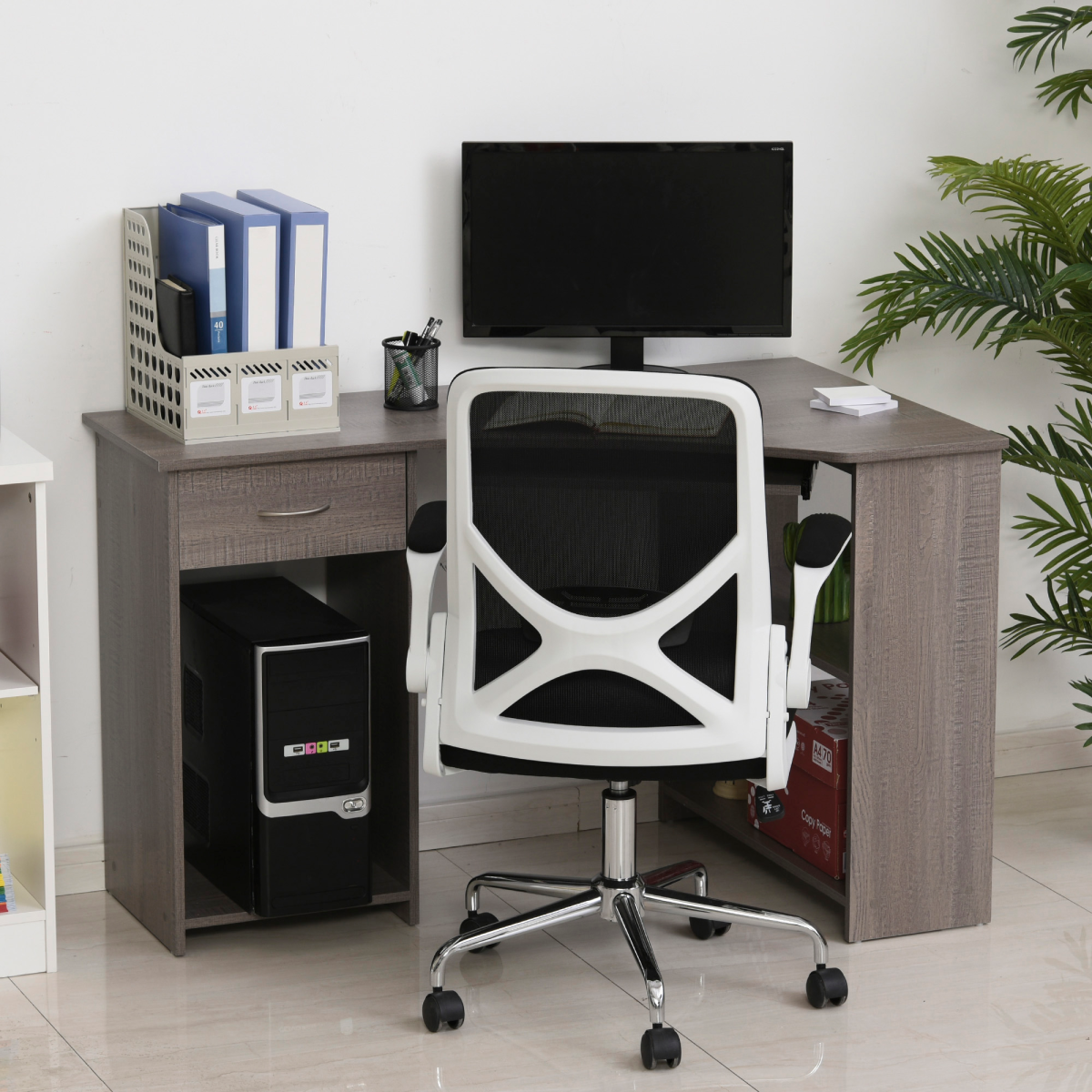 HOMCOM L-Shaped Corner Computer Desk with 2-Tier Side Shelves – Wide Home Office Workstation, Grey