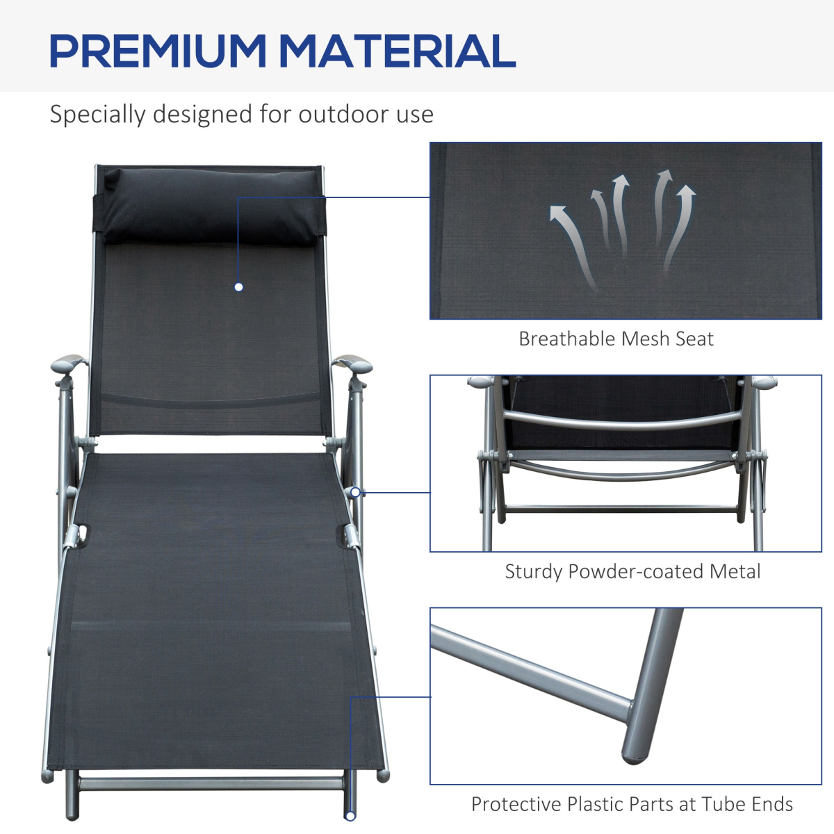 Outsunny Foldable 7-Position Textilene Sun Lounger with Pillow – Reclining Garden Chair, Black