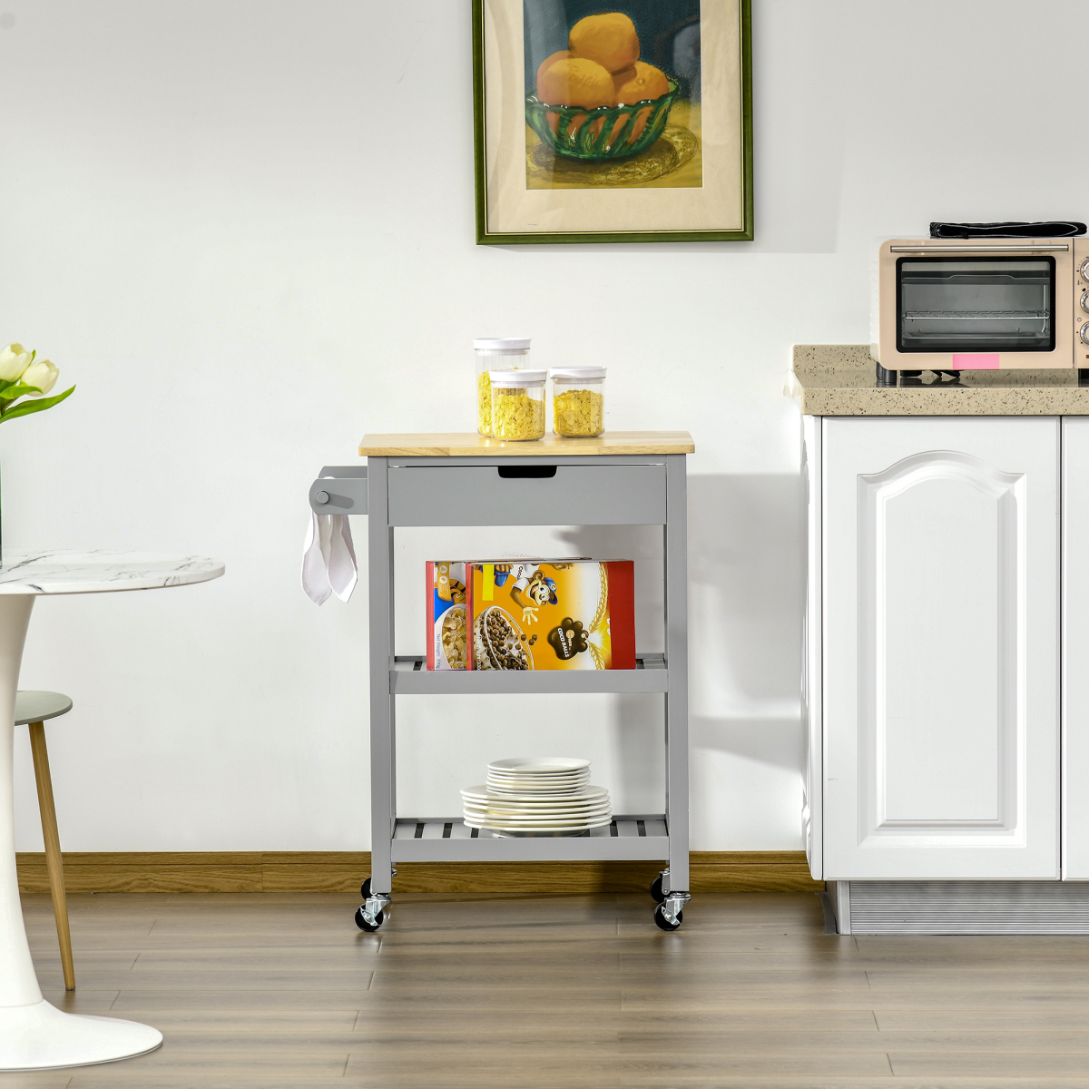 HOMCOM Kitchen Trolley Utility Cart with Solid Rubberwood Worktop, Drawer & Towel Rack