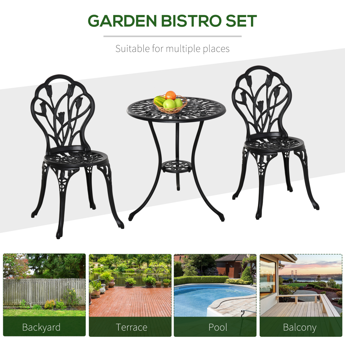 Outsunny 3-Piece Aluminium Bistro Set with 2 Chairs, Round Table & Umbrella Hole – Tulip Design Garden Furniture, Black