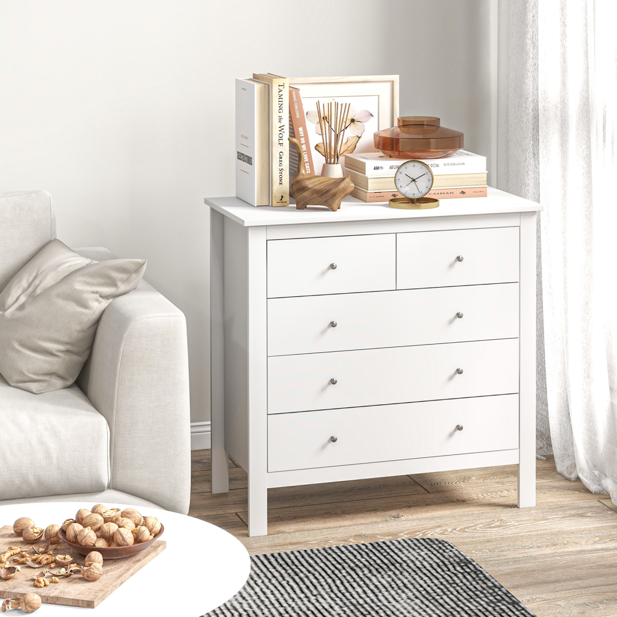 HOMCOM Modern 5-Drawer Chest with Metal Knob Handles – Bedroom Storage Cabinet, 2 Small and 3 Large Drawers, White