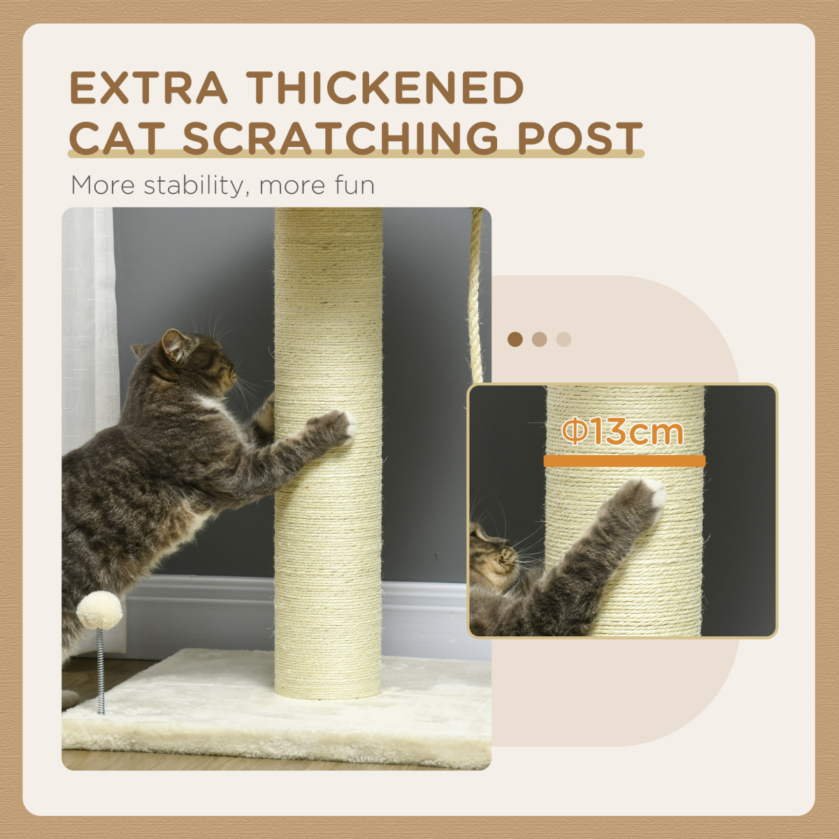 PawHut Cat Tree for Indoor Cats with Sisal Scratching Post & Spacious Bed – Kitten Climbing Tower, Cream