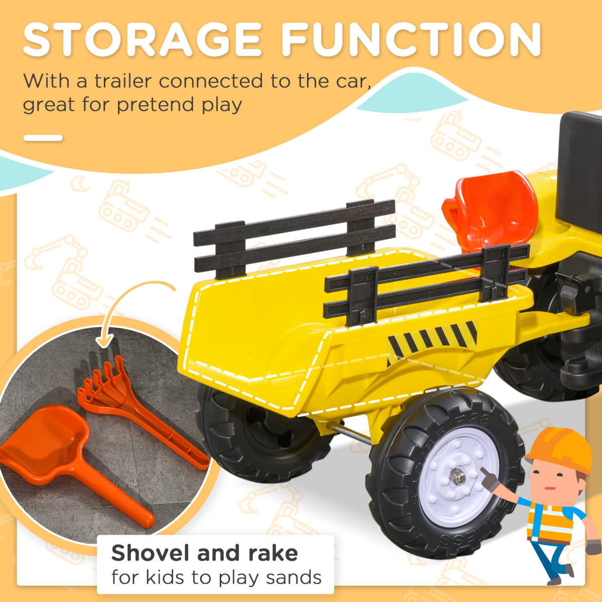 HOMCOM Kids Pedal Go Kart Ride-On Tractor with Trailer, Shovel & Rake – Four-Wheel Toy, Yellow and Black