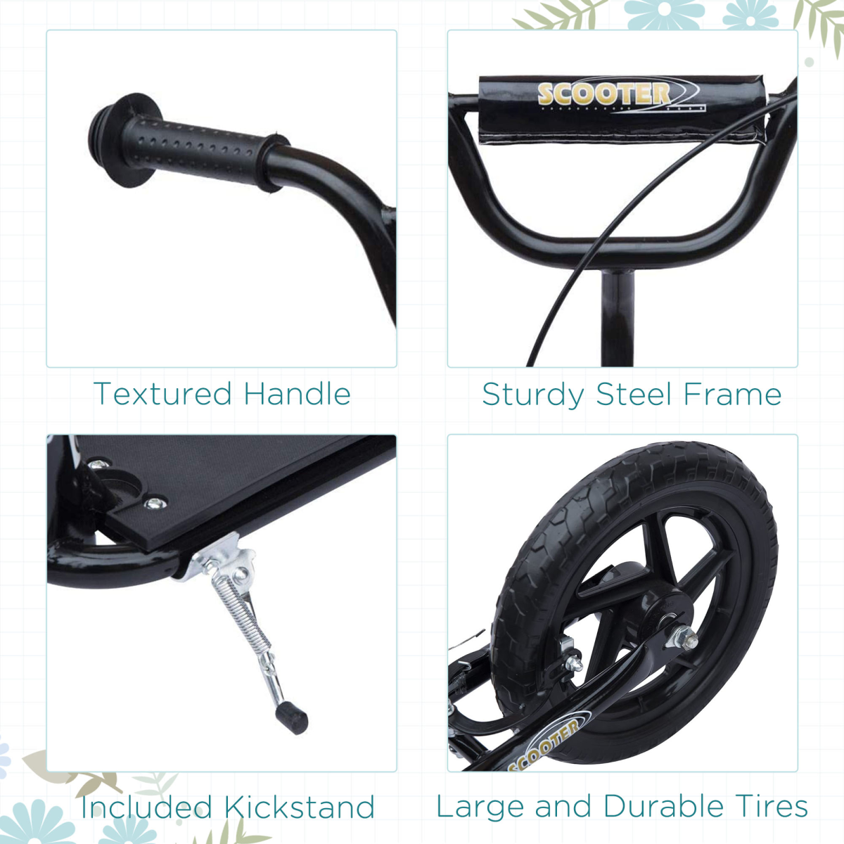 HOMCOM Push Scooter with 12" EVA Tyres, Adjustable Height & Rear Brake – Stunt Kick Scooter for Kids, Black