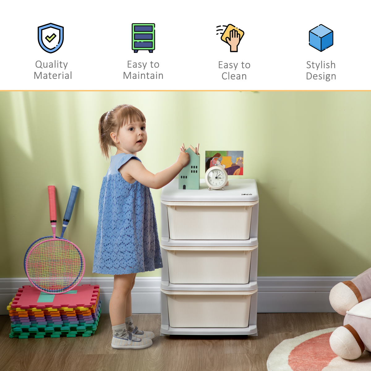 HOMCOM Kids Storage Unit with 3 Drawers – Vertical Dresser Tower for Bedroom and Playroom