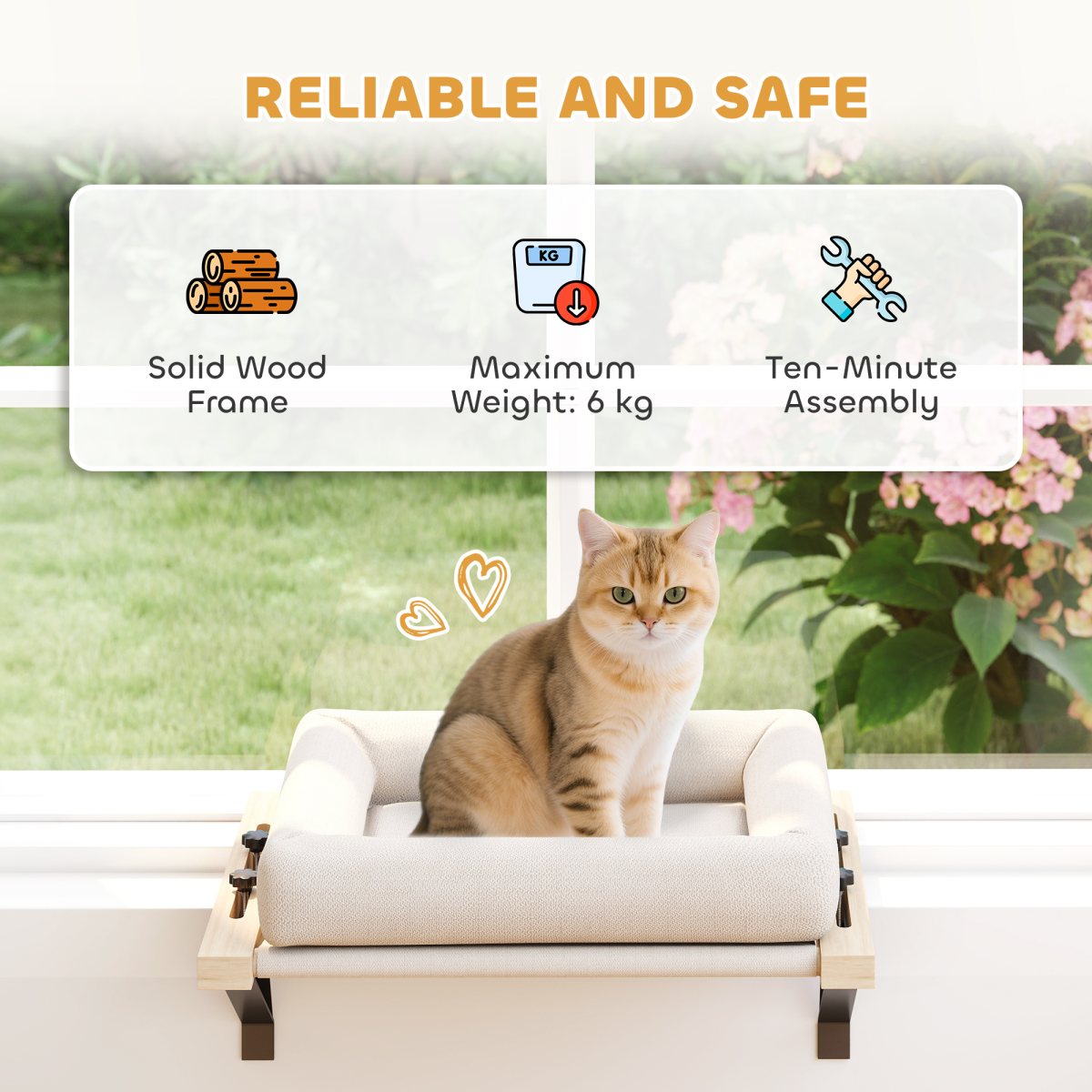 PawHut Cat Radiator Bed with Adjustable Bracket, Hanging Hammock & Cushion – Pine Wood Window Perch, Cream