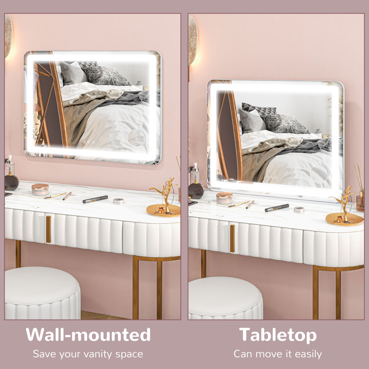 HOMCOM Vanity Mirror with LED Lights, 10X Magnifying Mirror & USB Charging Port – Wall or Tabletop, White