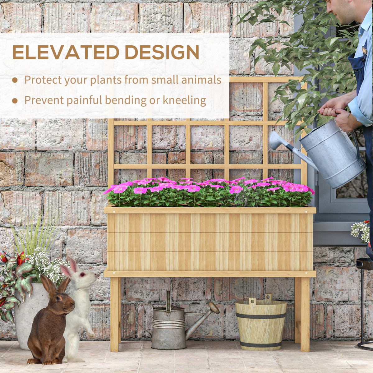Outsunny Fir Wood Raised Garden Bed Planter with Trellis, Drainage Holes & Liner – Climbing Plants, Natural