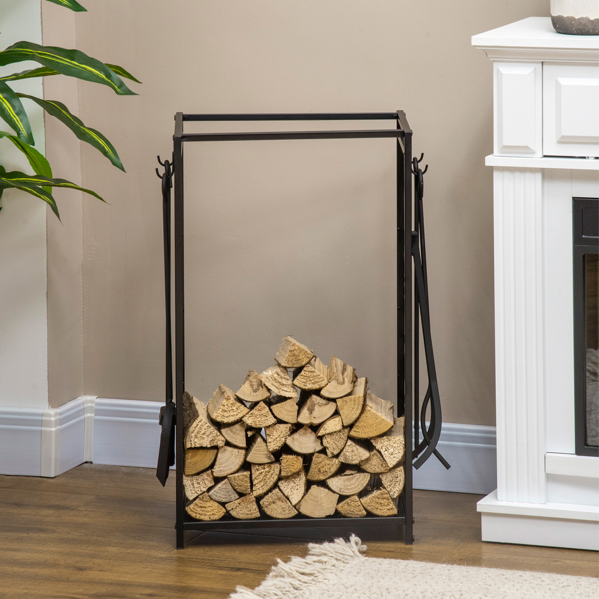 HOMCOM Heavy Duty Firewood Log Rack with 4 Fireplace Tools – Indoor and Outdoor Wood Stacker Storage