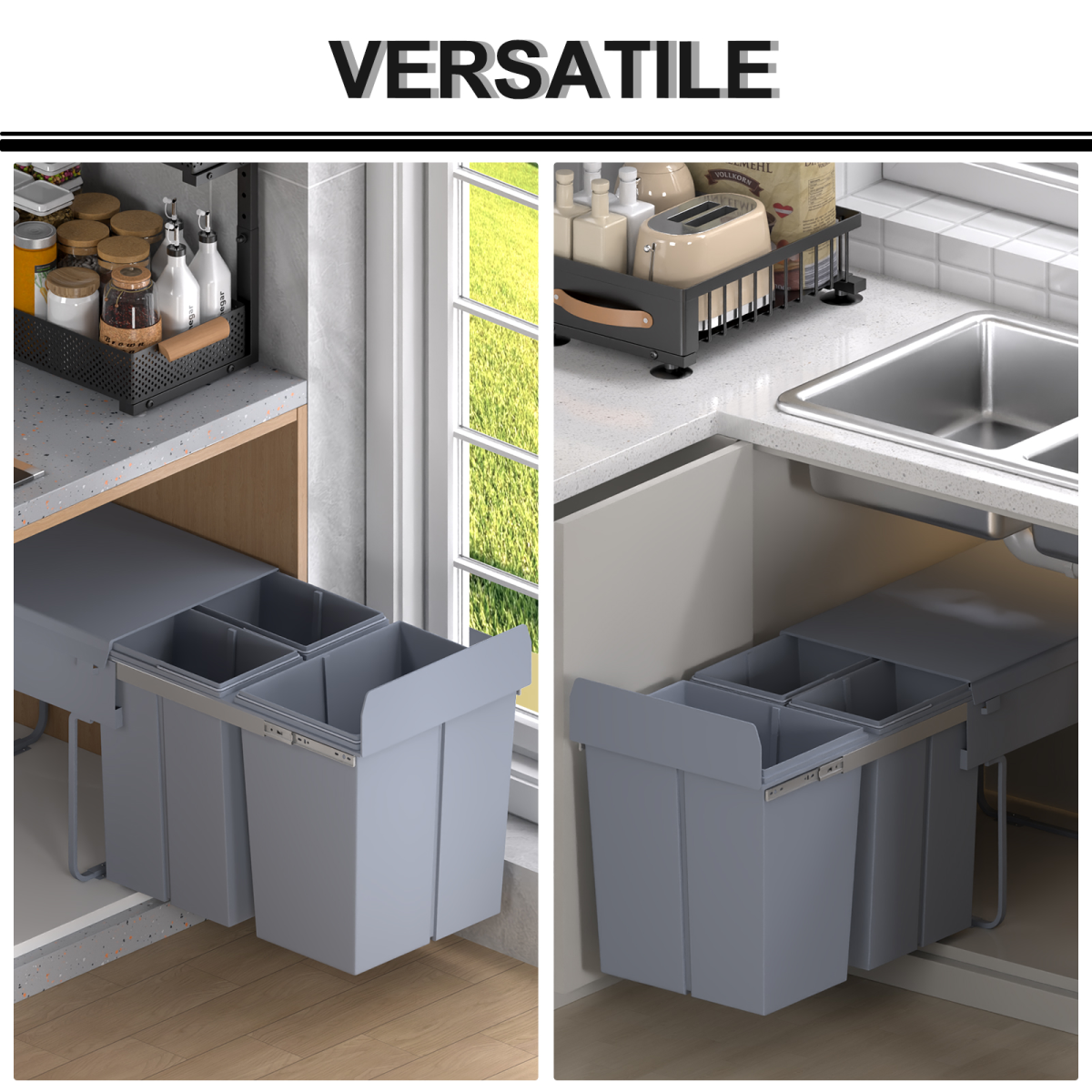 HOMCOM 40L Pull-Out Recycling Bin for Kitchen Cupboards with Separate Inner Bins – Grey