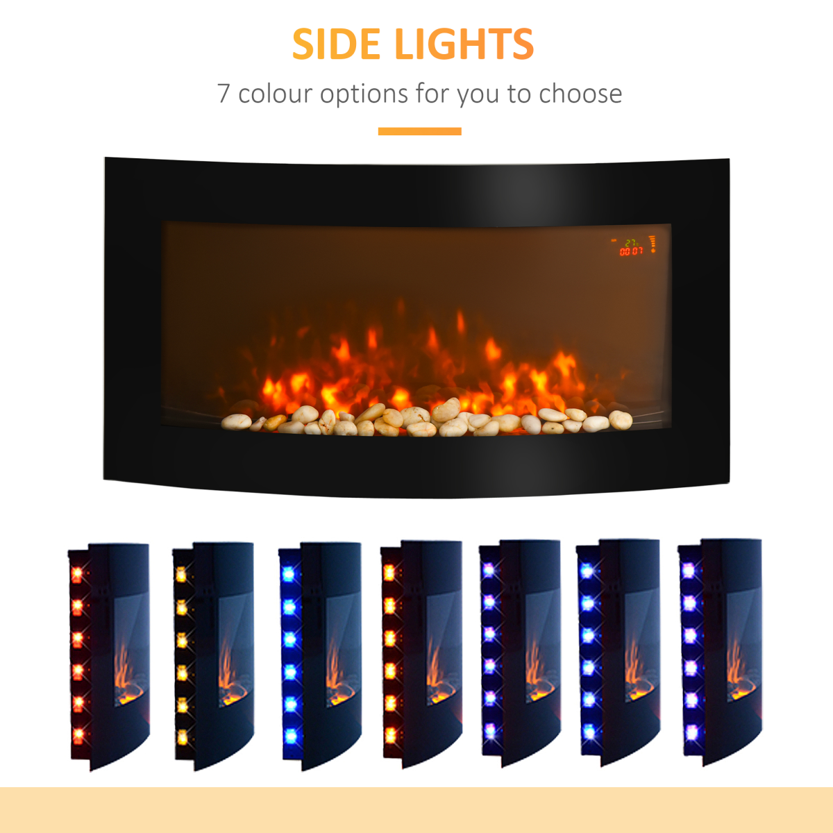 HOMCOM Wall Mounted Curved LED Electric Fireplace Heater with 7 Flame Colours & Side Lights