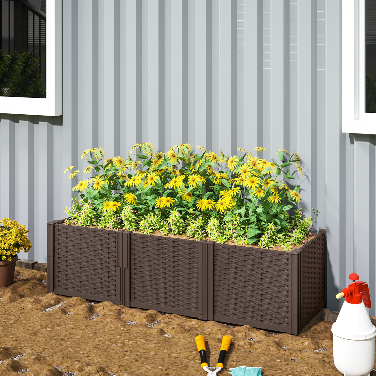 Outsunny Modular Plastic Planter Box Kit – Raised Bed or Garden Fence for Flowers and Herbs, Brown