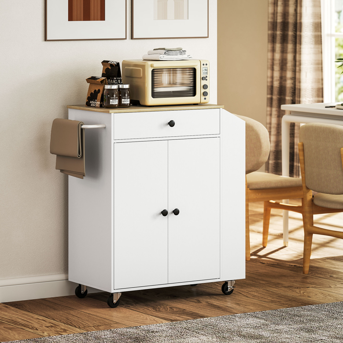 HOMCOM Kitchen Island with 3-Tier Spice Rack, Drawer, Cabinet and Towel Rack – Mobile Kitchen Cart on Wheels, White Oak