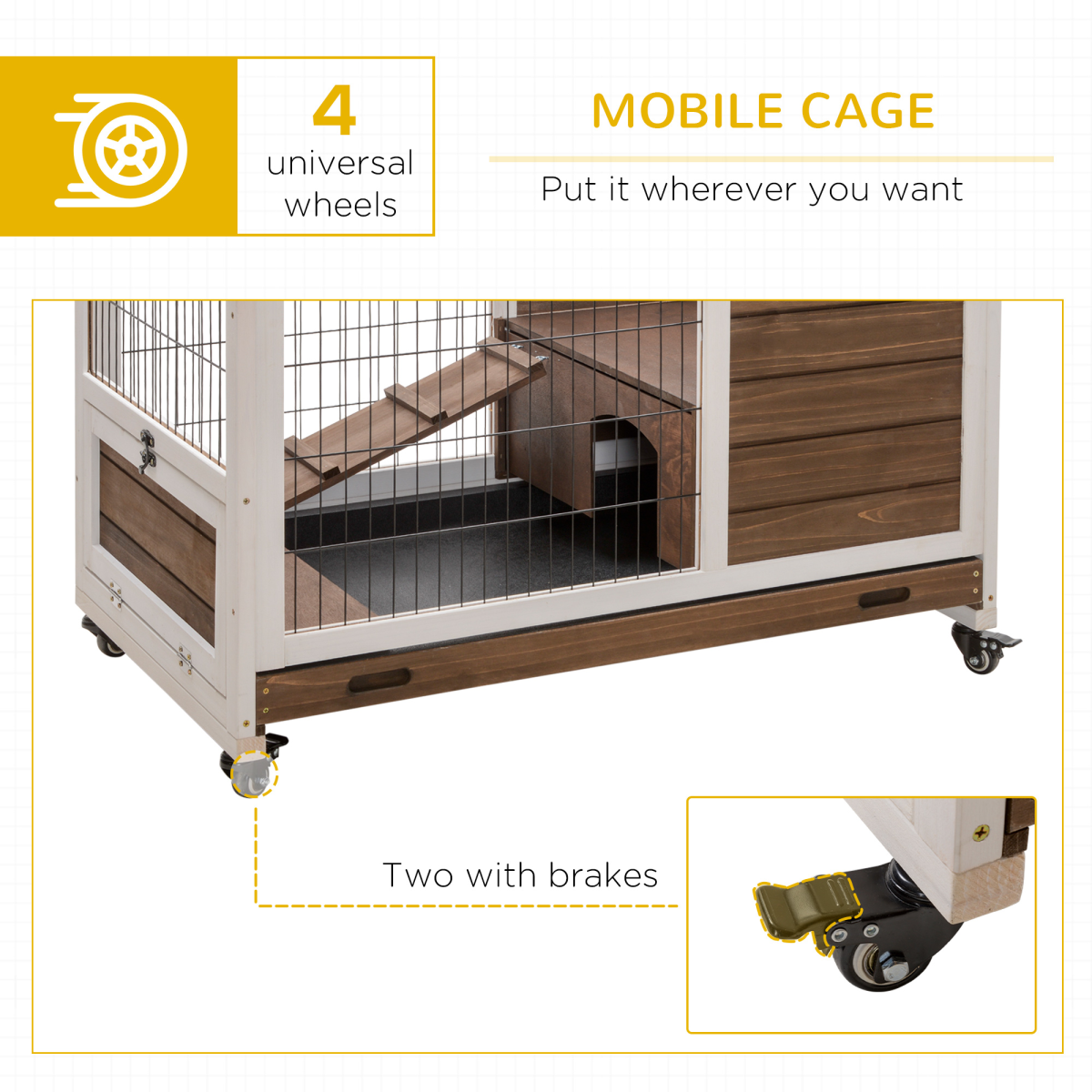 PawHut Wooden Indoor Rabbit Hutch with 2 Floors, Wheels and Openable Roof – Fir Wood Guinea Pig Cage