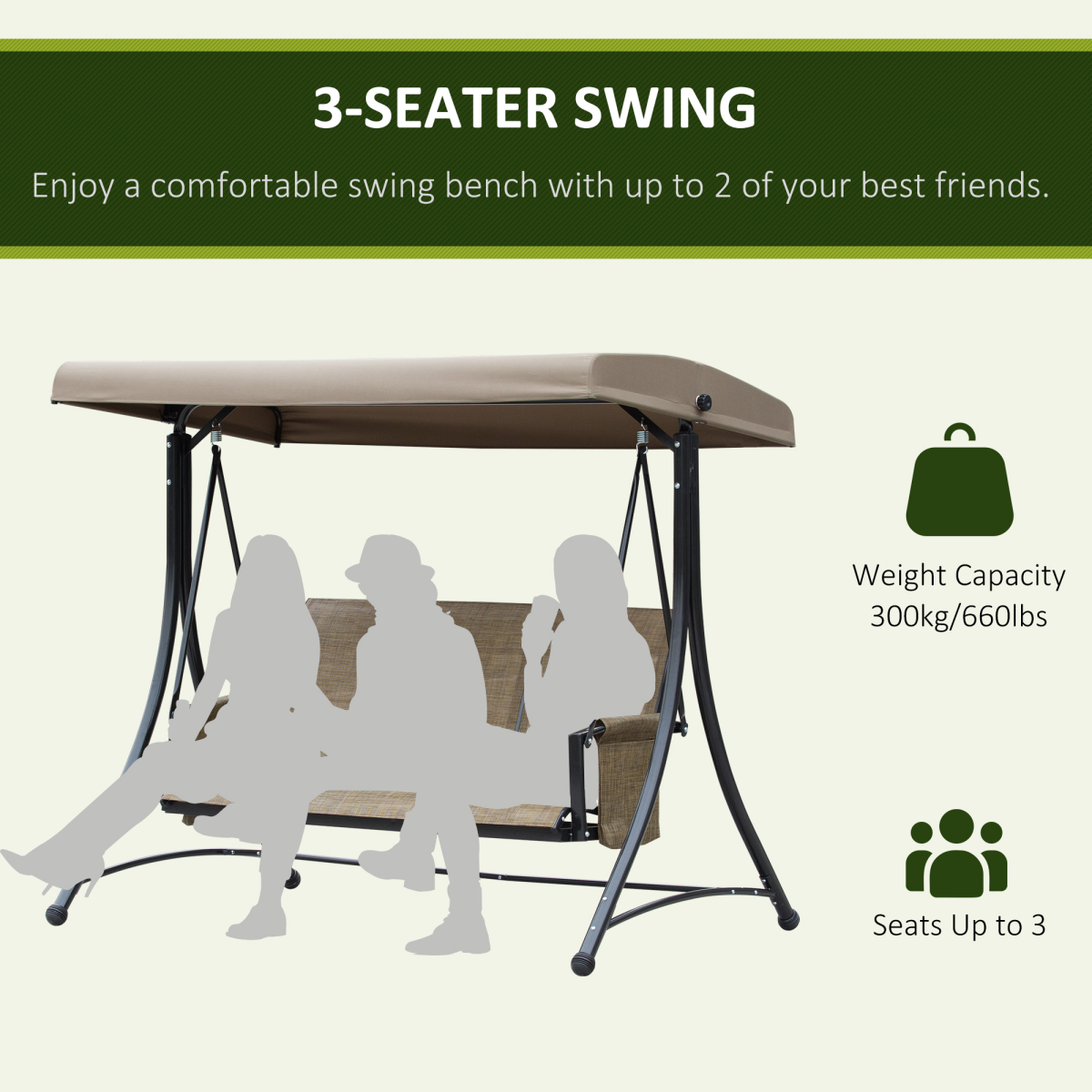 Outsunny 3 Person High Back Garden Swing Chair with Adjustable Canopy & Side Pouches – Outdoor Seat, Brown