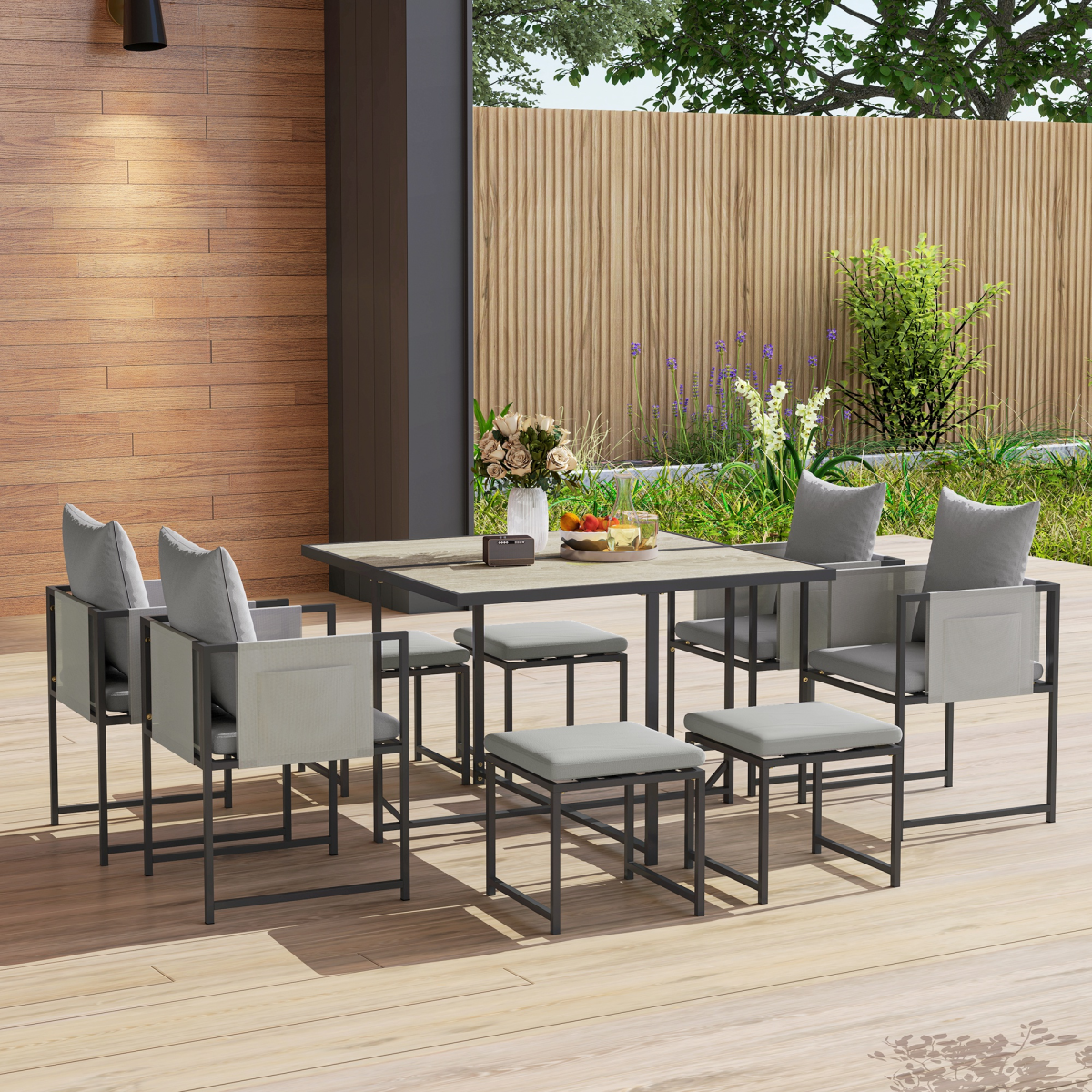 Outsunny 8-Seater Square Garden Dining Set with Cushions, 4 Armchairs & 4 Footstools – 9-Piece Patio Set