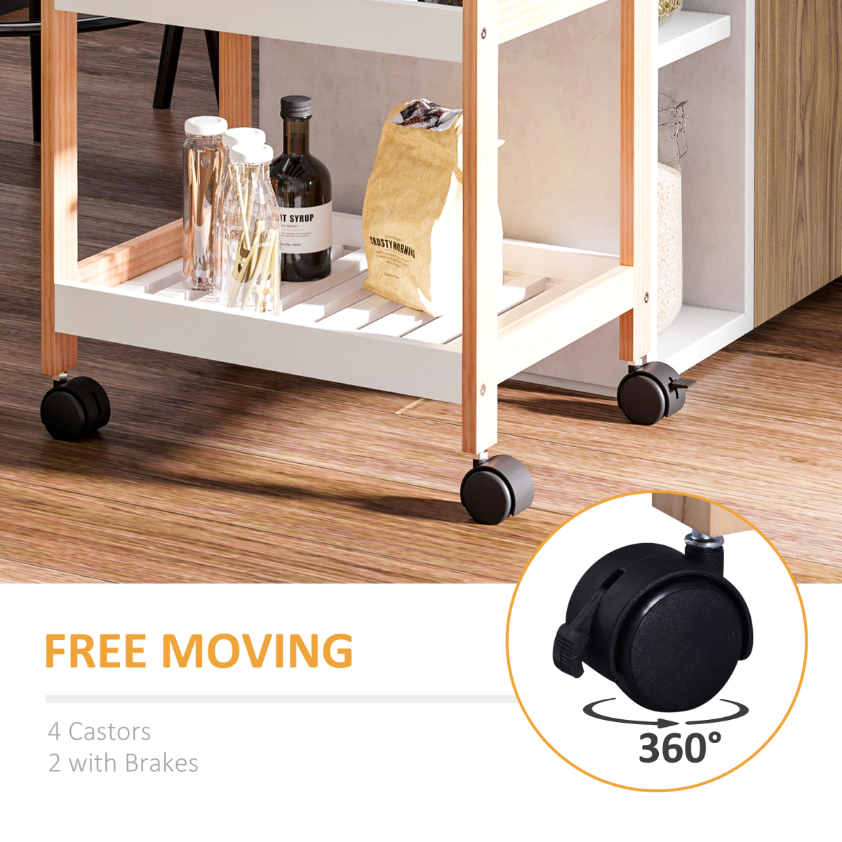 HOMCOM 3-Tier Bamboo Kitchen Serving Trolley on Wheels – Mobile Storage with Push Handle
