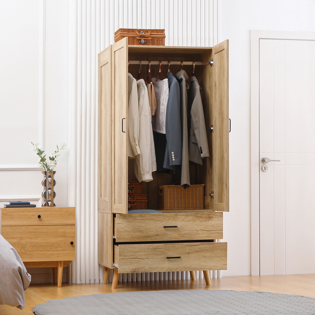 HOMCOM Modern 2-Door Wardrobe with 2 Drawers & Hanging Rail – Natural Bedroom Storage