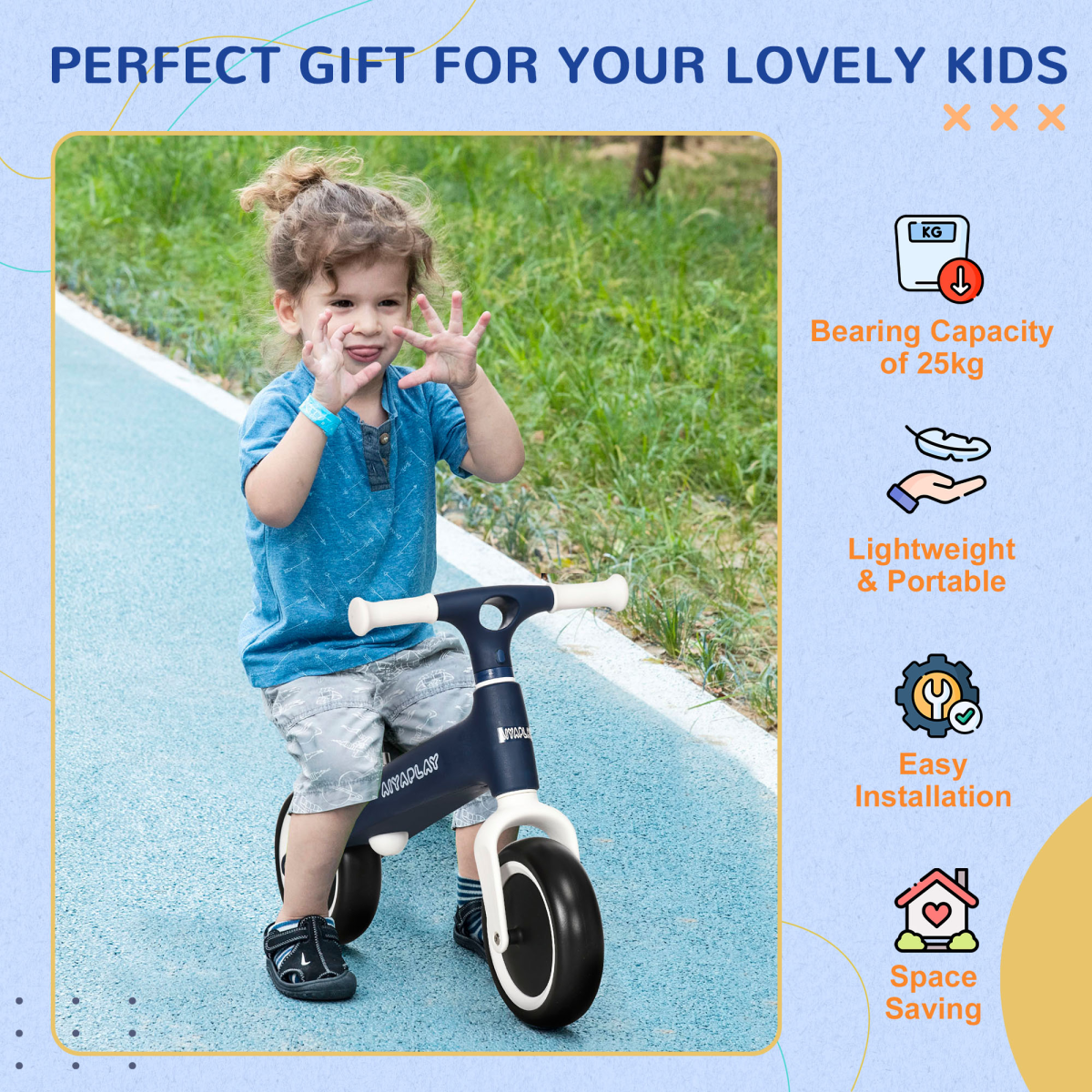AIYAPLAY Baby Balance Bike with Adjustable Seat and Wide Enclosed Wheels – Pedal-Free Toddler Bike, Blue