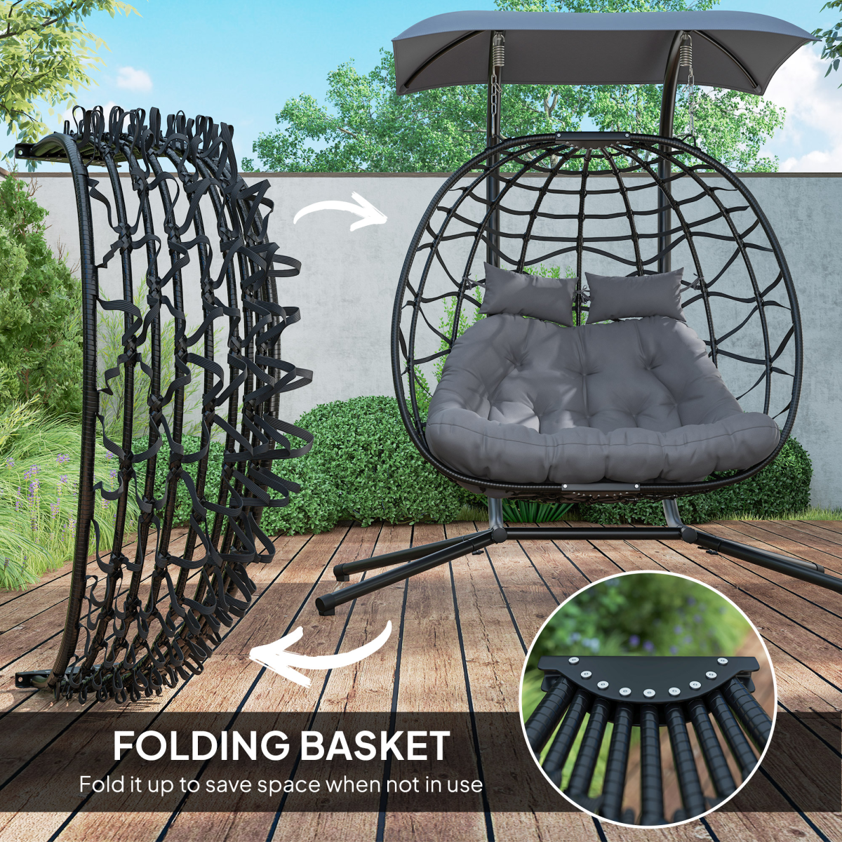 Outsunny Rattan Double Hanging Egg Chair with Canopy and Tufted Cushion – Garden Swing Seat for Two, Black