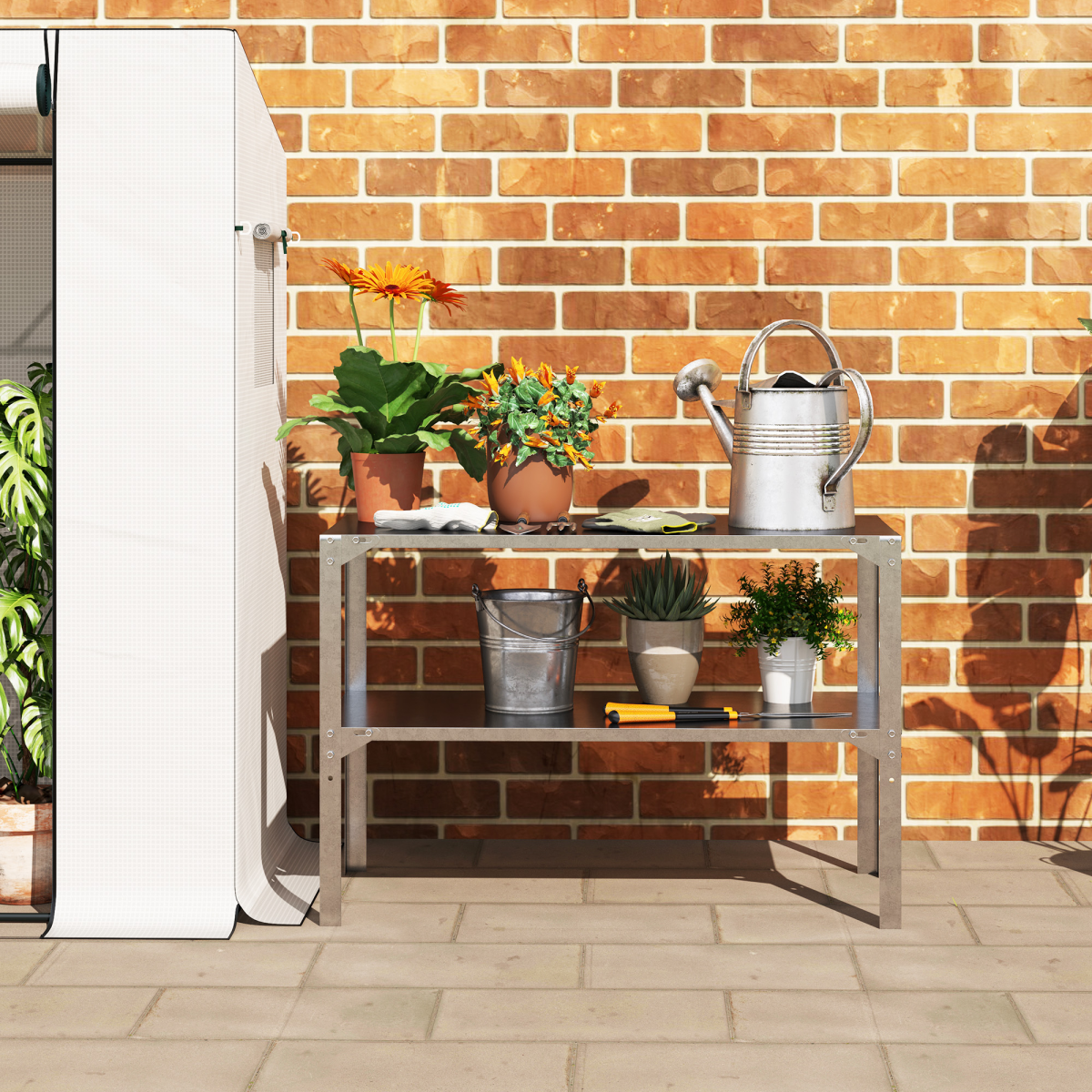 Outsunny 2-Tier Galvanised Steel Potting Bench Table – Garden Work Bench with Storage Shelf, Silver Tone
