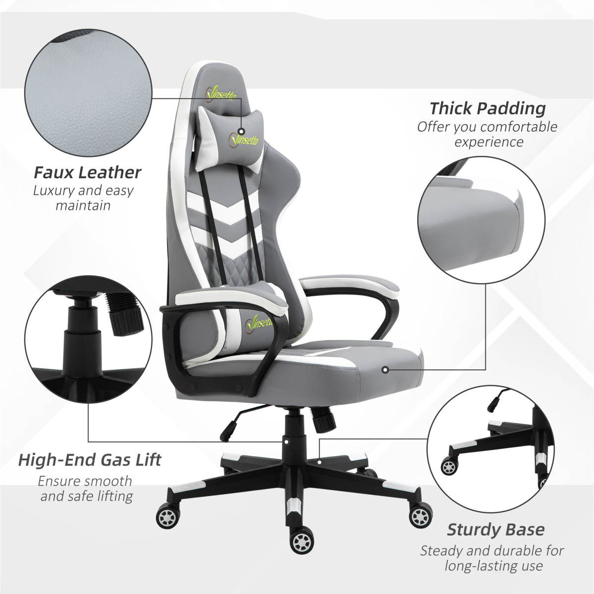 Racing Gaming Chair with Lumbar Cushion & Headrest Pillow, Height Adjustable – PVC Leather Study Chair, Grey & White