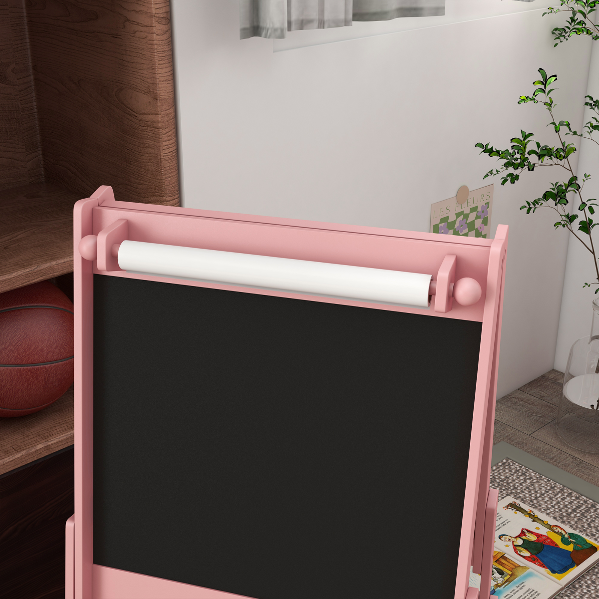 AIYAPLAY Kids Easel with Paper Roll, Blackboard, Whiteboard and Storage Baskets – 3-in-1 Art Easel, Pink