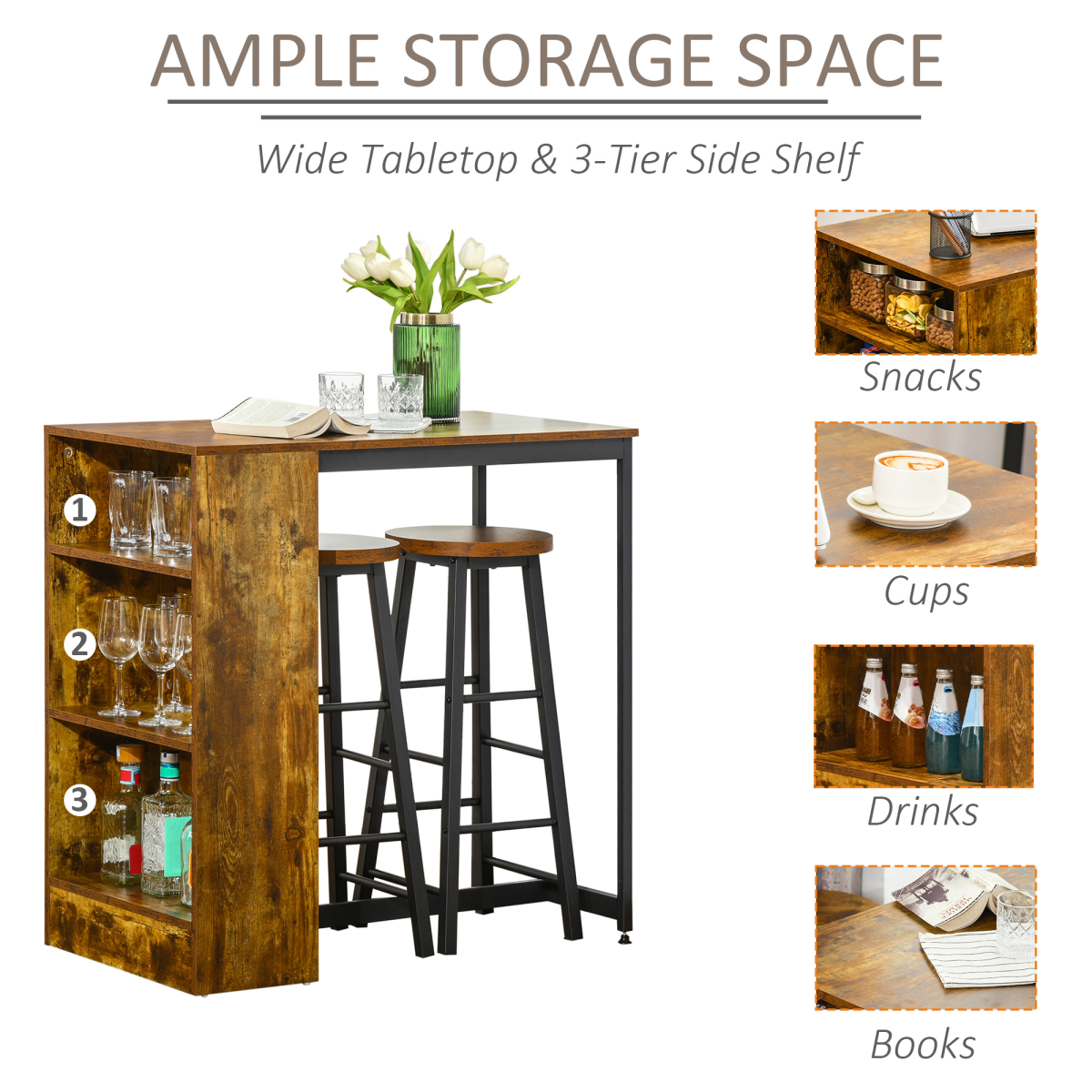 HOMCOM 3 Piece Bar Table Set with 2 Stools, Storage Shelf & Footrests – Compact Kitchen Dining Set