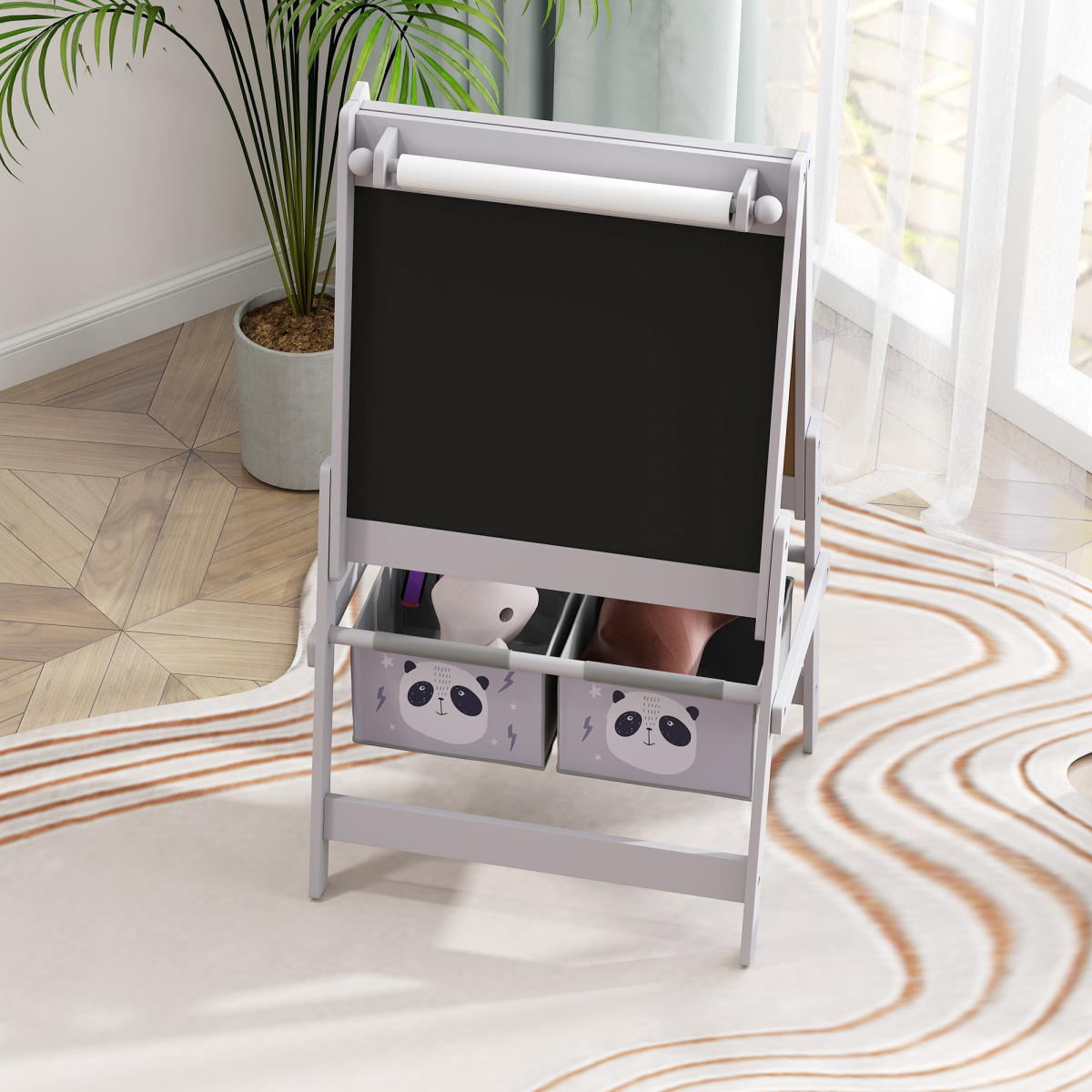 AIYAPLAY 3-in-1 Kids Easel with Paper Roll, Blackboard, Whiteboard and Storage Baskets – Grey