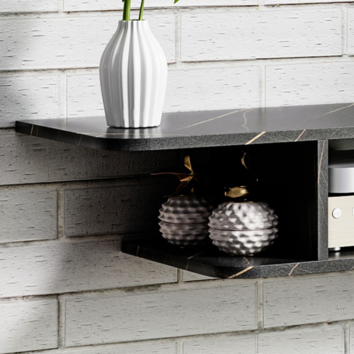 Floating Wall-Mounted TV Unit with Storage Shelves and Cable Management – Media Console, Black