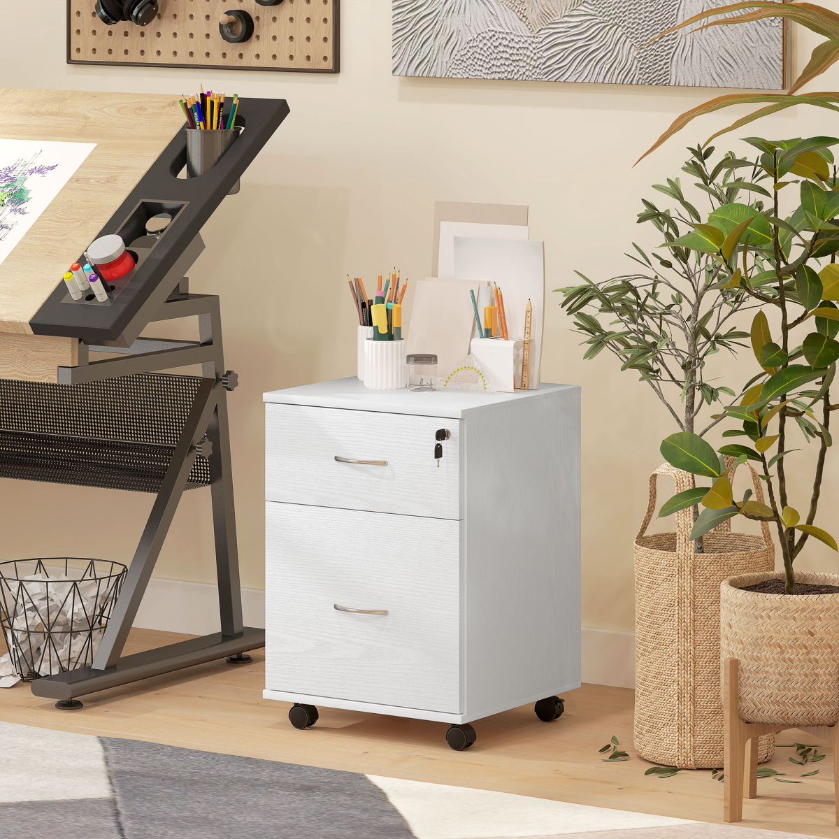 HOMCOM Mobile Office Pedestal Filing Cabinet with 2 Drawers, Lock and Wheels – Under Desk Storage, White