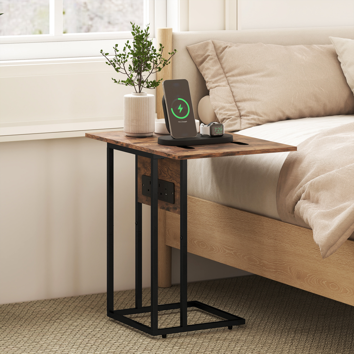 HOMCOM C Shaped Side Table with Charging Station and Foldable Top – Space-Saving, Rustic Brown and Black