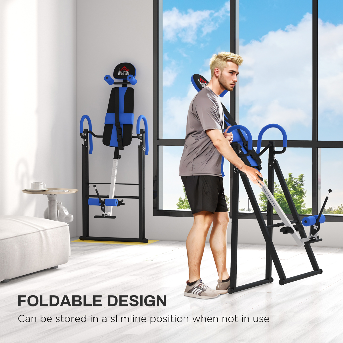 HOMCOM Adjustable Gravity Inversion Table with Safety Belt – Foldable Steel Frame Back Stretcher for Home, Blue