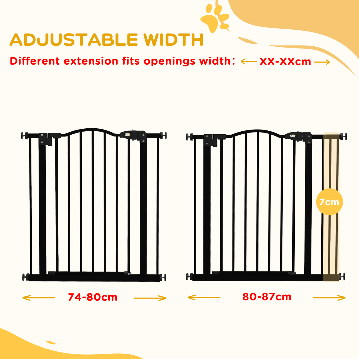 PawHut 74-87cm Adjustable Metal Pet Gate with Auto-Close & Double Lock – Safety Barrier for Doors & Stairs, Black