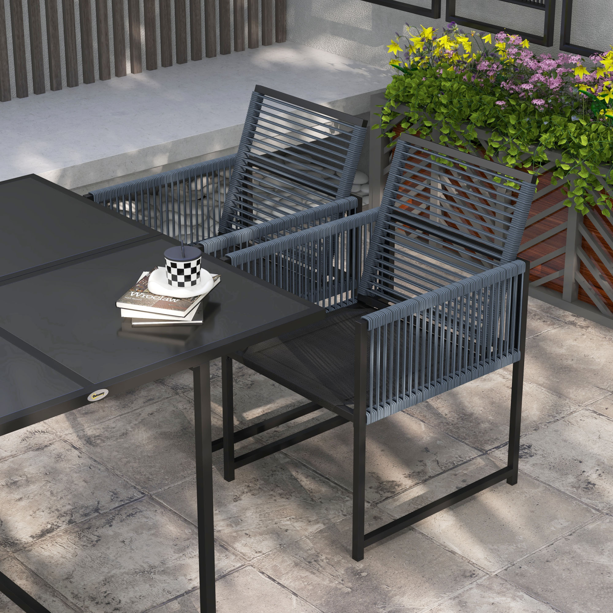 Outsunny 5-Piece Patio Dining Set with Tempered Glass Table & 4 Foldable-Back Chairs – Steel Frame Garden Furniture, Dark Grey
